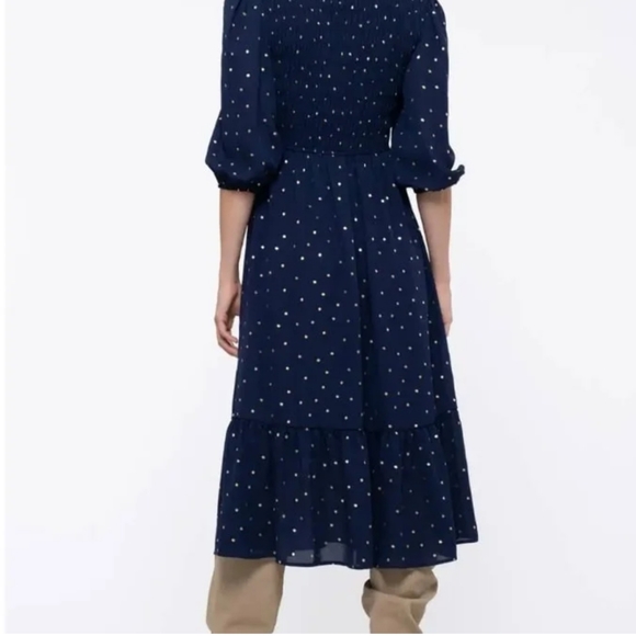 BY THE RIVER Blue & Gold Polkadot V-Neck Tiered Midi Dress - Picture 13 of 13